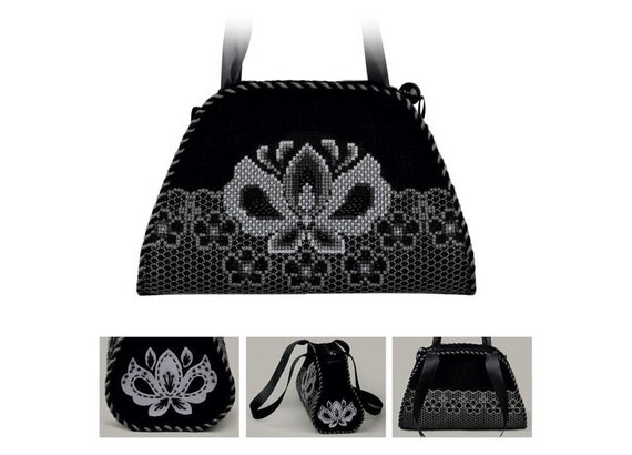 Counted Cross Stitch Evening Bag Kit: Graphite Floral, Handmade Embroidered Handbag