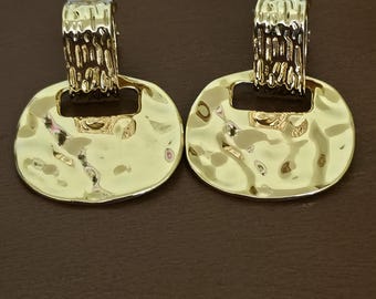Hammered Disc Drop Clip On Earrings, Gold Tone Dangle Jewelry