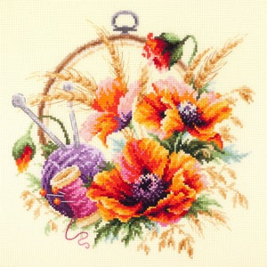 Cross Stitch Kit MAGIC NEEDLE - Poppies for Needlewoman; Christmas gift; Flowers embroidery; Mother&#39;s Day gift; Valentine&#39;s Day Gift