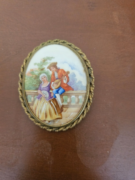 Vintage Hand Painted Porcelain Pin Brooch Courting
