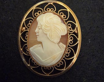 Vintage Signed Catamore 12K GF Carved Shell Cameo Oval Brooch