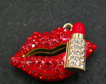 Vintage Hot Lips Lipstick Rhinestone Pendant