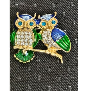Vintage Two Owls Enamel with Teal Eyes & Clear Crystals Brooch Pin; wild birds pin