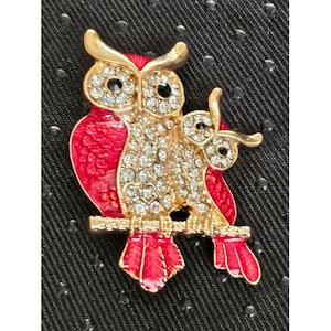 Vintage Mother And Child Owl Rhinestones Brooch, Lapel Pin; Gold Tone/ Red Enamel;