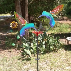 The Lazy Scroll Handcrafted Metal Kinetic Yard Art Garden Sculpture 2 Painted Hummingbirds