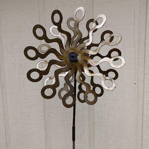 The Lazy Scroll Handcrafted Kinetic Metal Yard Art Circle Double Motion Spinner Natural USA Made