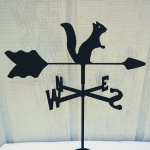 May include: Black metal squirrel weather vane with a compass rose and arrow. The arrow points to the west, north, east, and south.