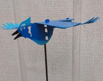 The Lazy Scroll Handcrafted Kinetic Metal Yard Art Blue Bird Garden Stake