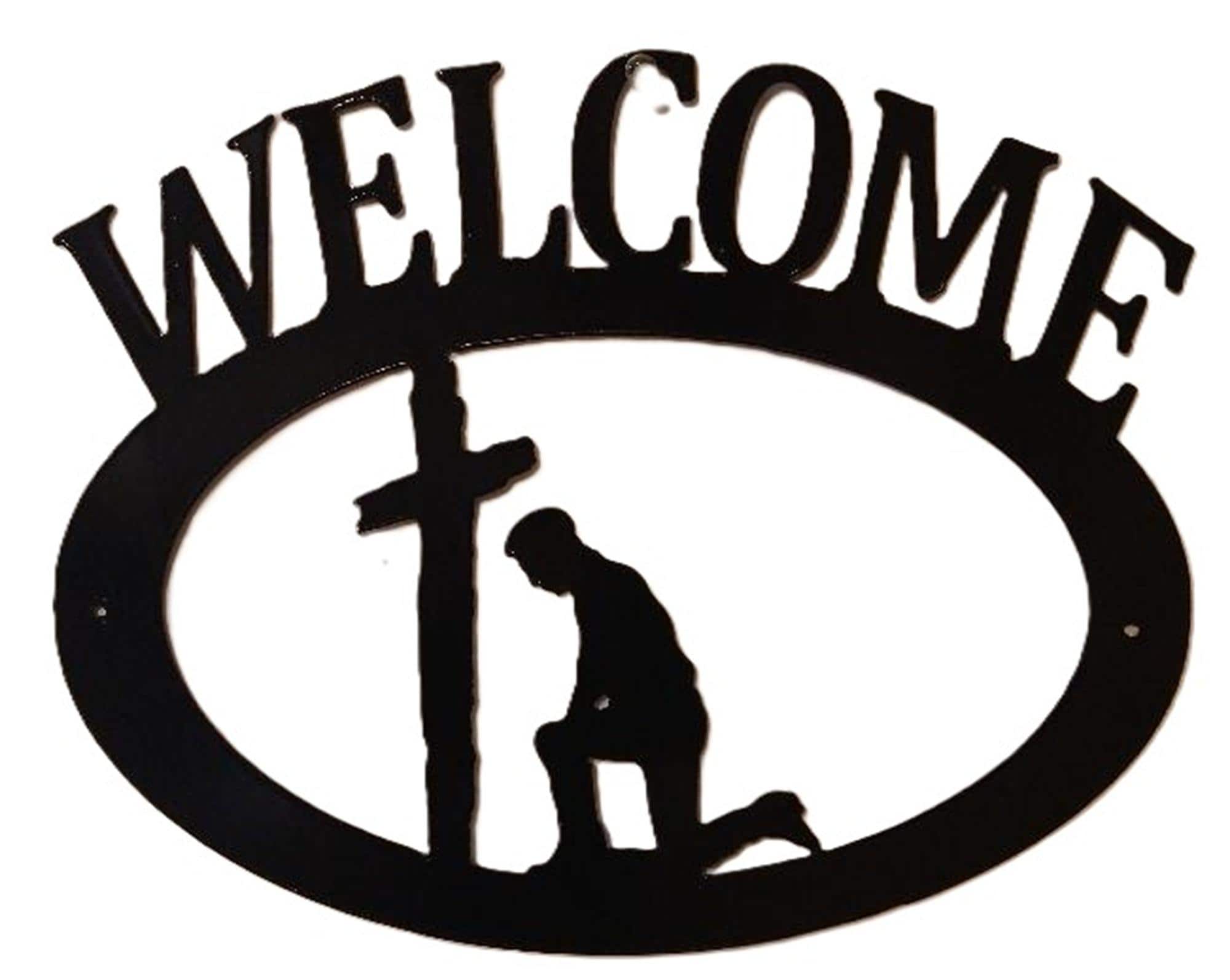 The Lazy Scroll Praying Man With Cross Welcome Sign Black Wrought Iron ...