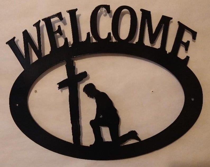 The Lazy Scroll Praying Man With Cross Welcome Sign Black Wrought Iron ...