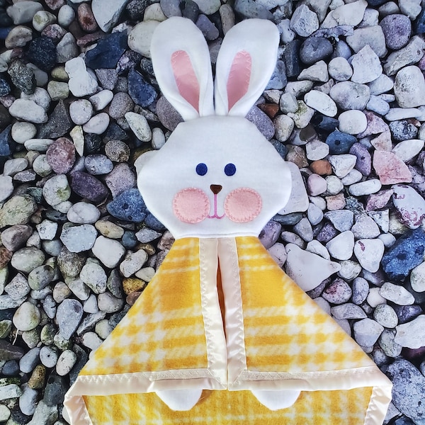 Fisher Price like Yellow Bunny Security Blanket / Lovey / Puppet / pattern location may vary