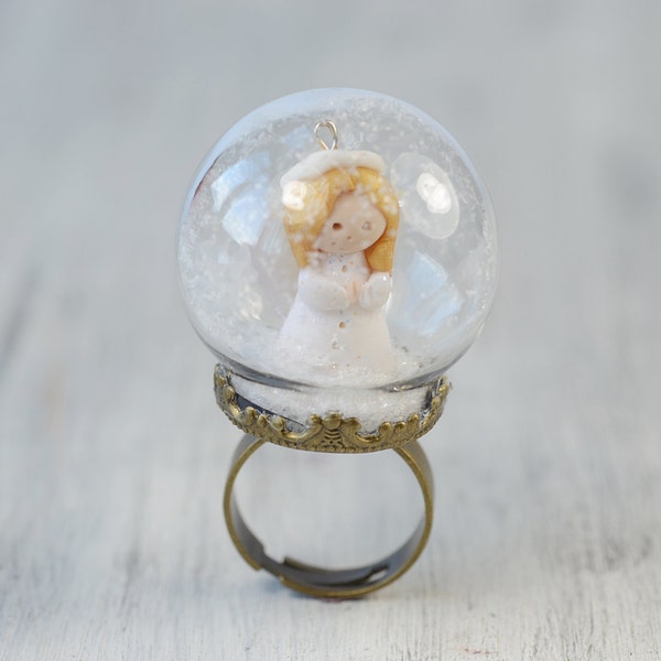Fairytale Gift Christmas Gifts sneeuwbol ring White Angel verstelbare Ring Base, mini terrarium ring, terrarium sieraden, Fairy sieraden