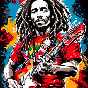 Art mural coloré de Bob Marley Bob Marley jouant de la guitare Art de Bob Marley Impression numérique de Bob Marley