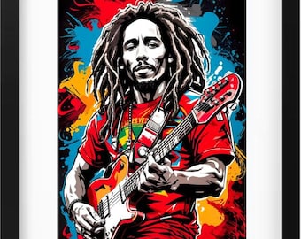 DD Vibrant Bob Marley Guitar Art Print - Reggae Legend Wall Decor