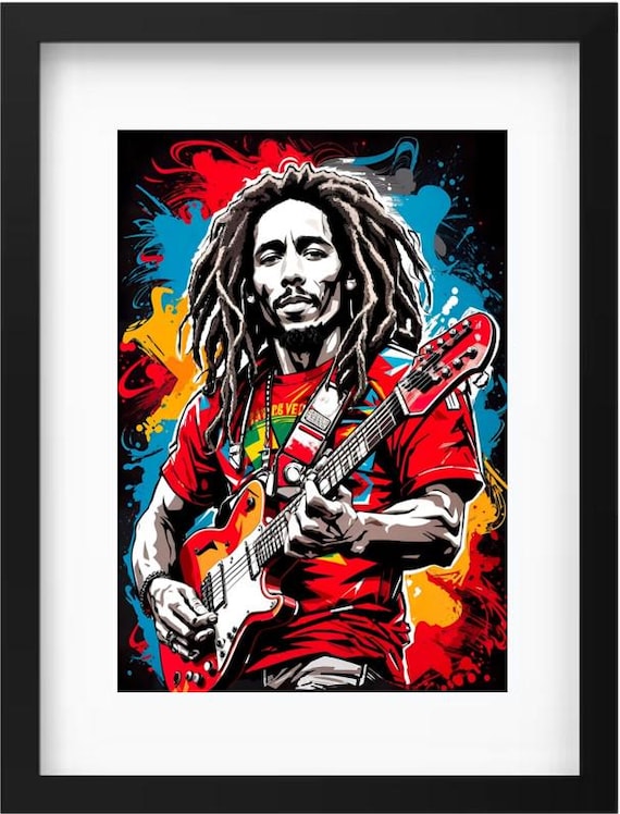 DD Vibrant Bob Marley Guitar Art Print - Reggae Legend Wall Decor