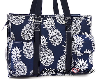 Bolso utilitario de tamaño mediano con estampado de piña con monograma NPL733 NY/Regalo para profesores/Regalo para enfermera/Bolsa de pañales/Bolso organizador/Bolso de playa y piscina