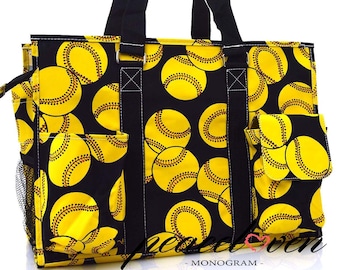 Tote utilitario de tamaño mediano con estampado de softbol con monograma SOF733BK / Tote del día del juego / Tote del portón trasero / Tote del juego de pelota / Tote de playa / piscina / Carry-All