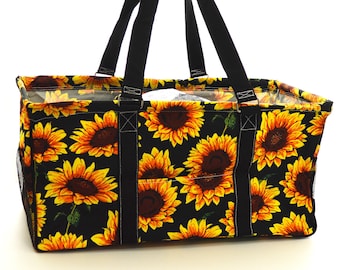 Monogrammed Sunflower Print Large Collapsible Utility Storage Tote SUF603BK| Teachers Gift | Beach & Pool Tote | Trunk Organizer | Carry-All