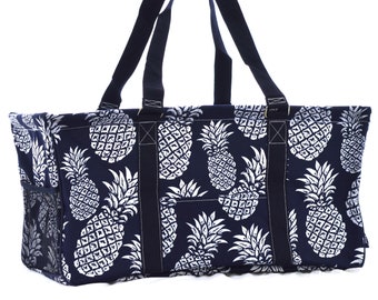 Monogrammed Pineapple Print Large Collapsible Utility Storage Tote NPL603 Navy | Tailgating | Beach & Pool Tote | Market Tote | Carry-All