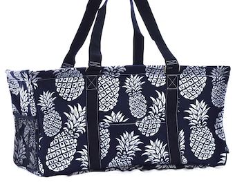 Tote de almacenamiento utilitario plegable grande con estampado de piña con monograma NPL603 Navy / Tailgating / Beach & Pool Tote / Market Tote / Carry-All