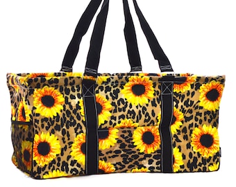 Monogrammed Sunflower Leopard Print Large Collapsible Utility Storage Tote SLEO603BK| Teachers Gift | Beach & Pool Tote | Trunk Organizer