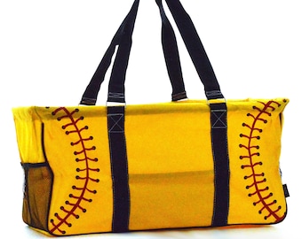 Bolso de almacenamiento plegable grande con estampado de sóftbol con monograma SOB603, Regalo para entrenadores, Bolso para playa y piscina, Bolso para el día del partido, Bolso de mano