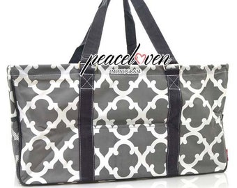 Monogrammed Quatre Foil Print Large Collapsible Utility Storage Tote OTG603 Gray | Tailgating | Beach & Pool Tote | Market Tote | Carry-All