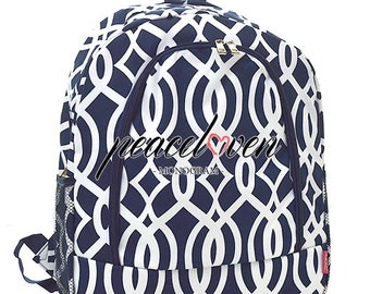 Monogrammed 16" Navy Vine Print Canvas Mochila Azul Marino Trim BIQ403 Navy / Mochila Escolar / Mochila de Libro Escolar / Mochila Grande / Mochila para Niños