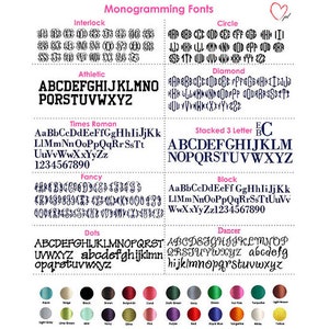 Puede incluir: Un gr&aacute;fico que muestra diferentes estilos de fuente para monogramas. Las fuentes incluyen Interlock, Circle, Diamond, Athletic, Times Roman, Stacked 3 Letter, Fancy, Block, Dots y Dancer. El gr&aacute;fico tambi&eacute;n incluye una tabla de colores con 18 colores diferentes.