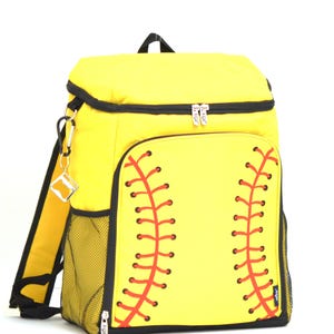 May include: Yellow softball-themed insulated backpack with a zipper closure and a mesh side pocket. The backpack has a black zipper pull with the word "YKK" on it.