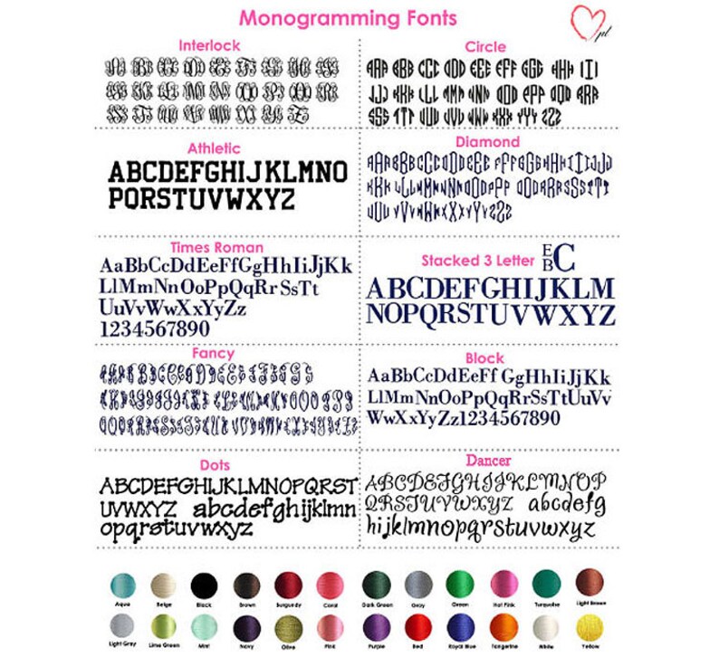 Może przedstawiać: Wykres przedstawiający r&oacute;żne style czcionek do monogram&oacute;w. Czcionki obejmują Interlock, Circle, Diamond, Athletic, Times Roman, Stacked 3 Letter, Fancy, Block, Dots i Dancer. Wykres zawiera r&oacute;wnież paletę kolor&oacute;w z 18 r&oacute;żnymi kolorami.
