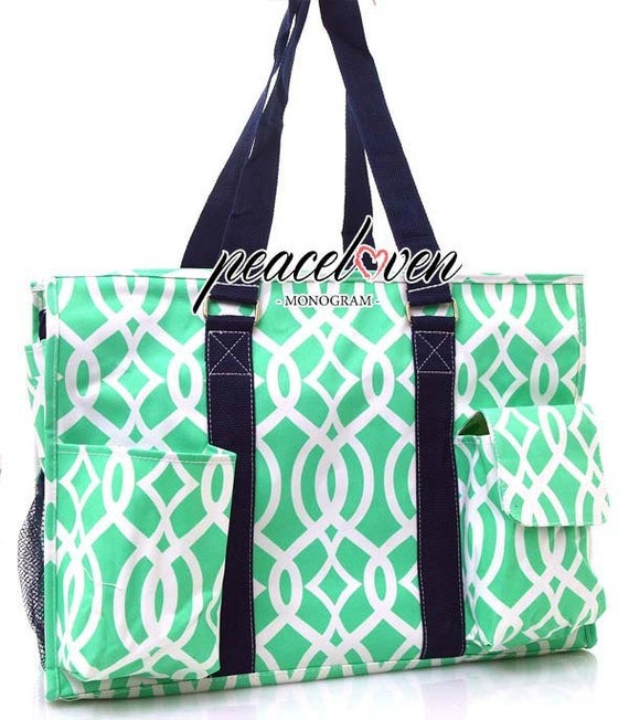 Monogrammed Vine Print Medium Size Utility Tote BIQ733 Mint  display picture 3