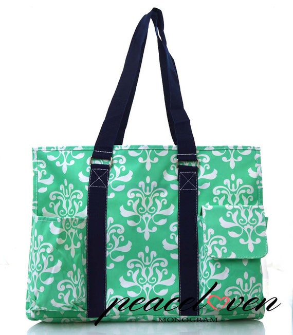Monogrammed Damask Print Medium Size Utility Tote DOL733 Mint(navy