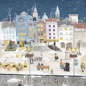 May include: A snowy night scene in a European city with colorful buildings, a Christmas tree, and people walking around. There are lights on the buildings and a cafe with tables and chairs set up outside. The sky is dark blue with white snowflakes falling.