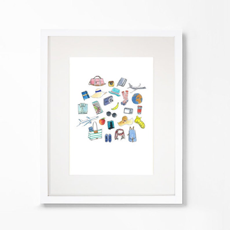 Travel Kit Illustration Travel Must Have Items Watercolor - Etsy