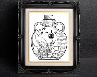 May include: A black and white illustration of a glass bottle with a cork stopper. Inside the bottle are a white owl, a brick wall, a suitcase, a diamond, and a sign that says "9 3/4".