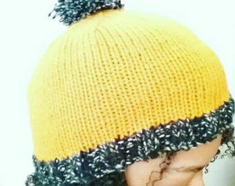 Yellow and black pompom winter beanie HAT Knit winter Hat with Pompom