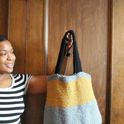 Gray and Yellow Color Block knit Tote Knit Shopper Bag Stripe Lined Tote Bag Knit Carry All shops Purse