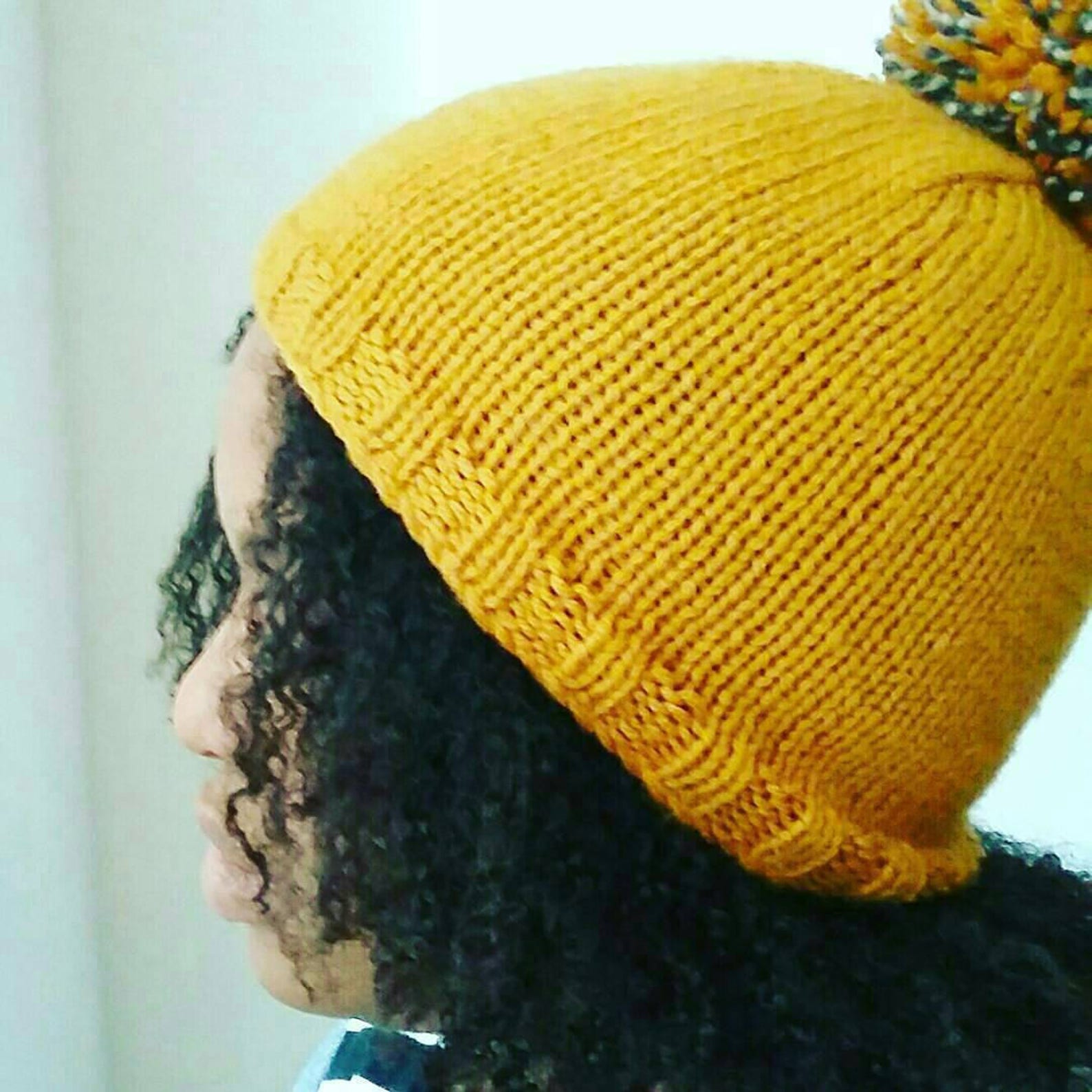 YELLOW Knit Beanie HAT With Pompom Handmade Knit Winter Hat With Gray