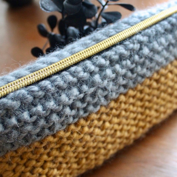 Gray and Yellow color block handmade Knit Zipper bag Zip Pouch Clutch bag Purse