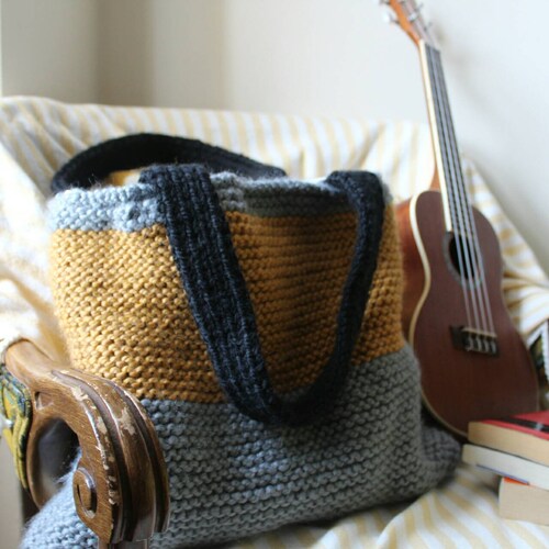Gray and Yellow Color Block knit Tote Knit Shopper Bag Stripe Lined Tote Bag Knit Carry All shops Purse