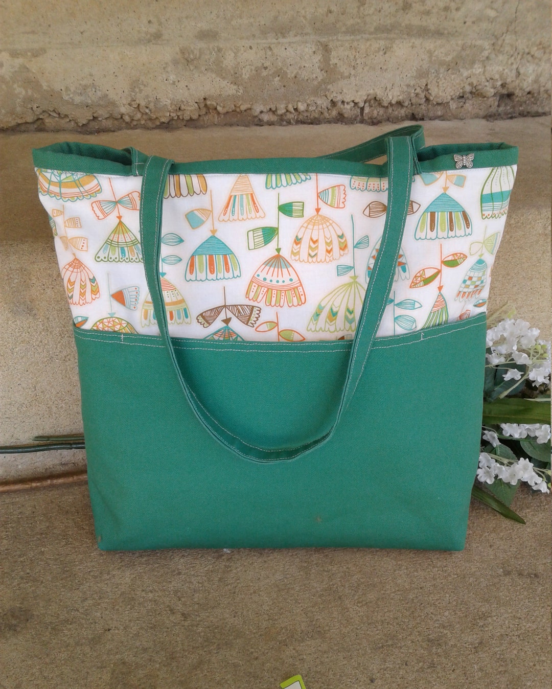 Green Tote Bag, Colorblock Bag, Pocketbook and Bags, Purse, Folk Art