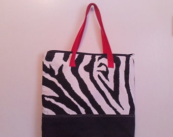 Zebra Black and White color block tote Bag, Tote, Zebra Tote Bag, Zebra Zipper Tote Bag, Black White tote bag, Black White Zipper Tote,