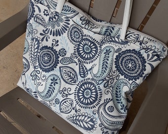 Blue and White tote bag, paisley tote bag, tote bag, pocketbook, handbag, canvas bag, travel accessory, day bag,  shoulder bag, handmade bag