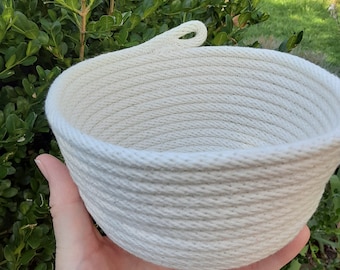 White cotton rope bowl,  white rope basket, living storage, cotton basket, cotton bowl, nursery decor, catchall basket, fillable decor