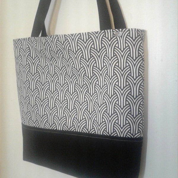 Art Deco Tote, Black and White Tote Bag, pocketbook,  tote bag, market bag, Tote, Black and White tote with interior pocket, travel bag