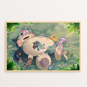 Snorlax & Eeveelutions Nap Pokemon Wall Art Poster Print Anime image 1