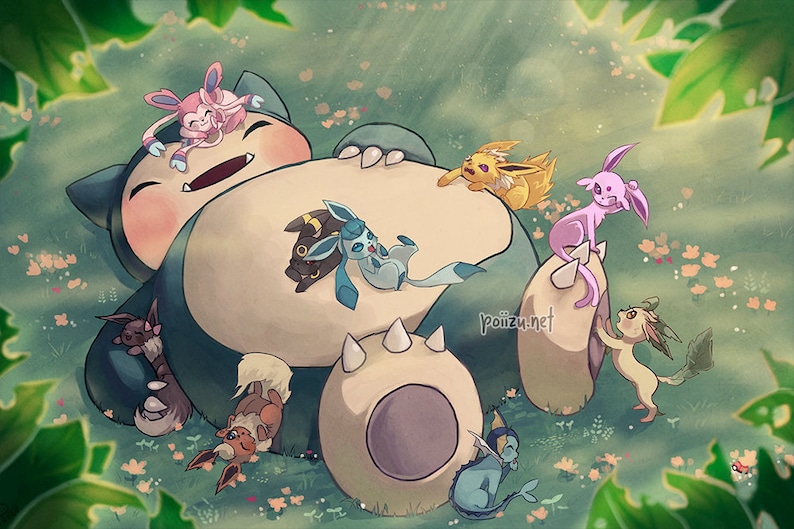 Snorlax & Eeveelutions Nap Pokemon Wall Art Poster Print Anime image 2