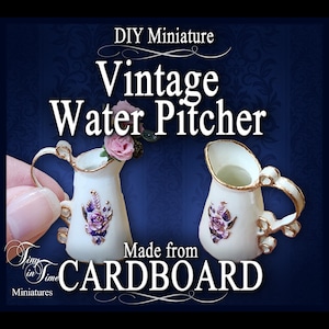 May include: Two miniature vintage water jugs made from cardboard. The white jugs have gold trim and purple floral designs. The image includes the text "DIY Miniature Vintage Water Pitcher Made from CARDBOARD".