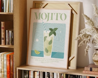 Classic Mojito Cocktail Print, Retro Cocktail Wall Art, Modern Bar & Kitchen Decor